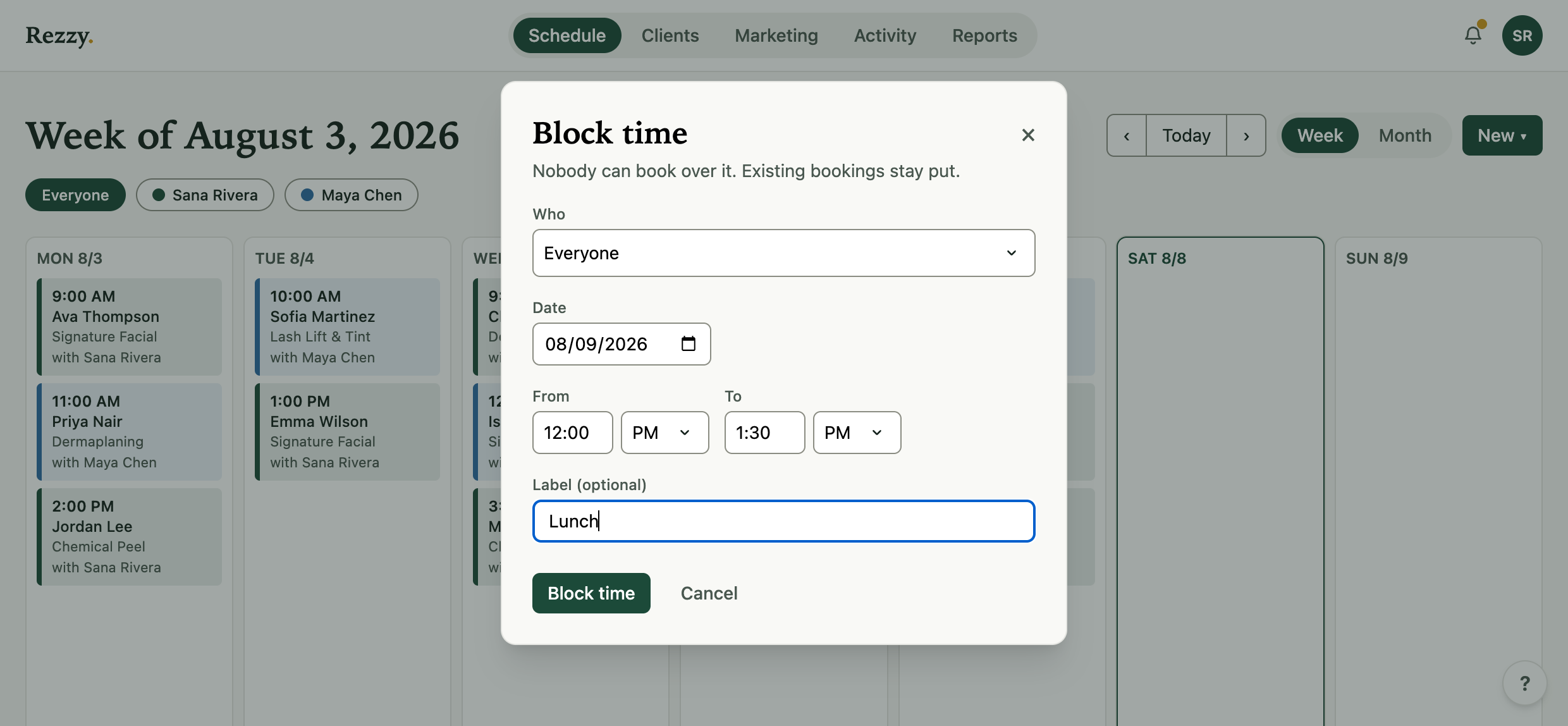 The Block time dialog on the Schedule page