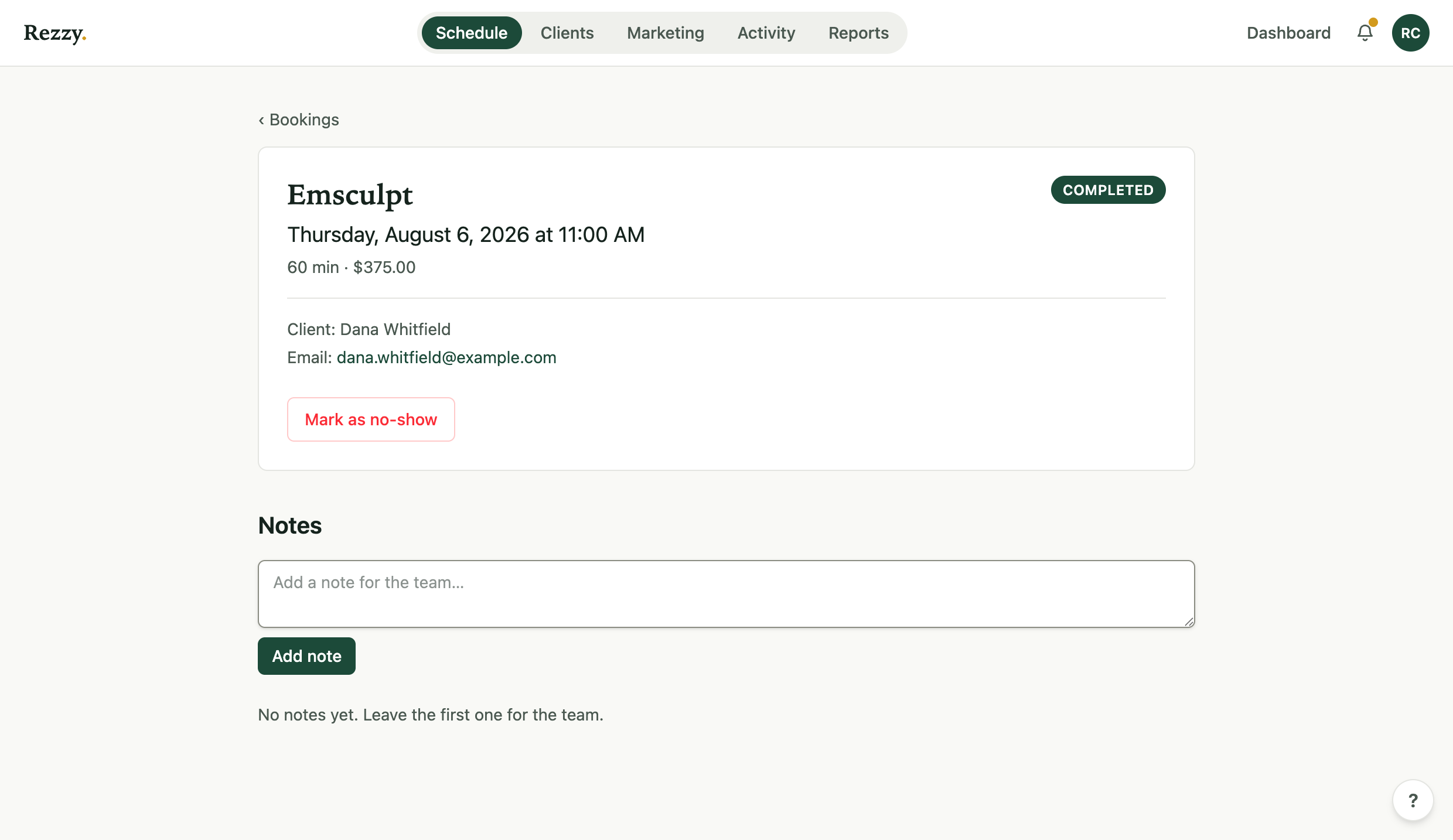 A completed booking's page with its outcome and notes