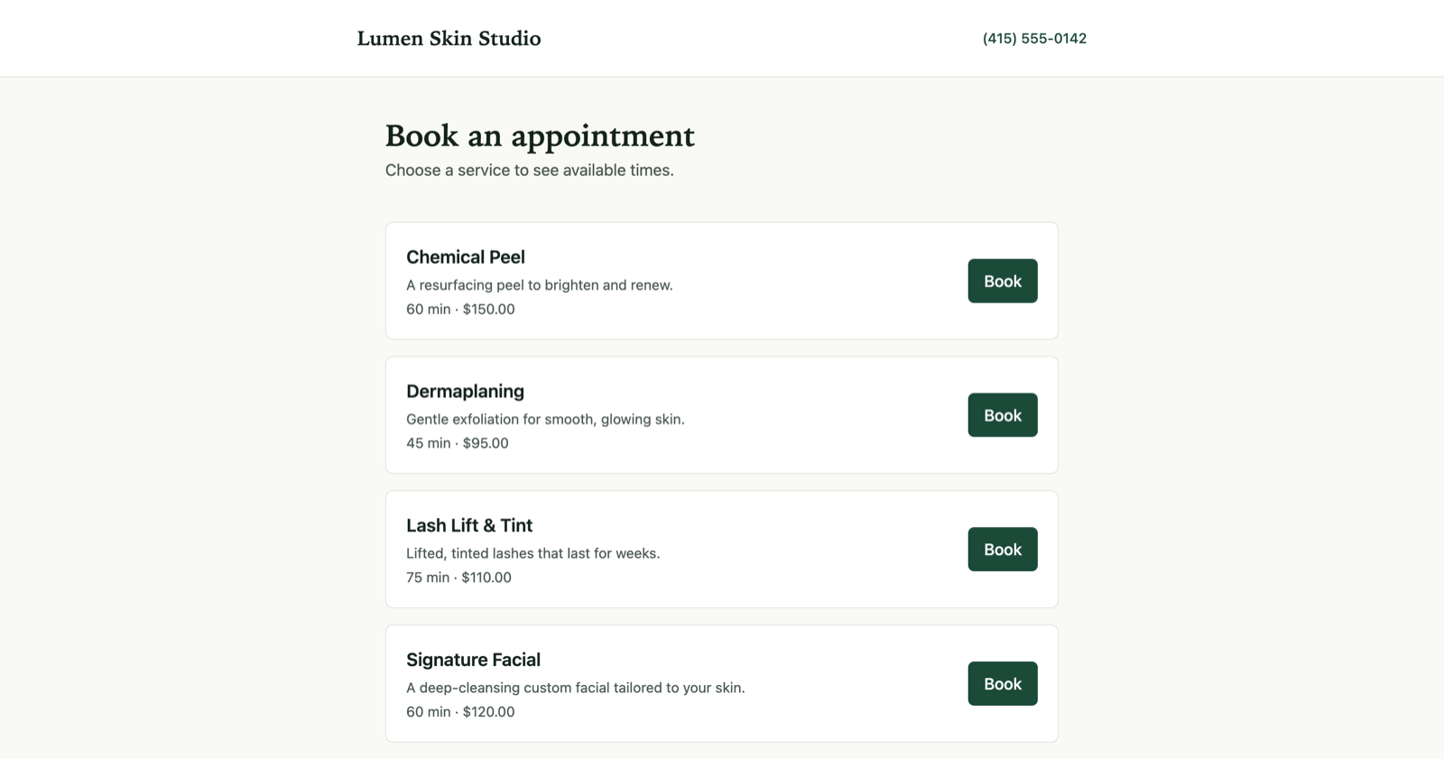 Rezzy's booking page: a client picks a service and sees real open times