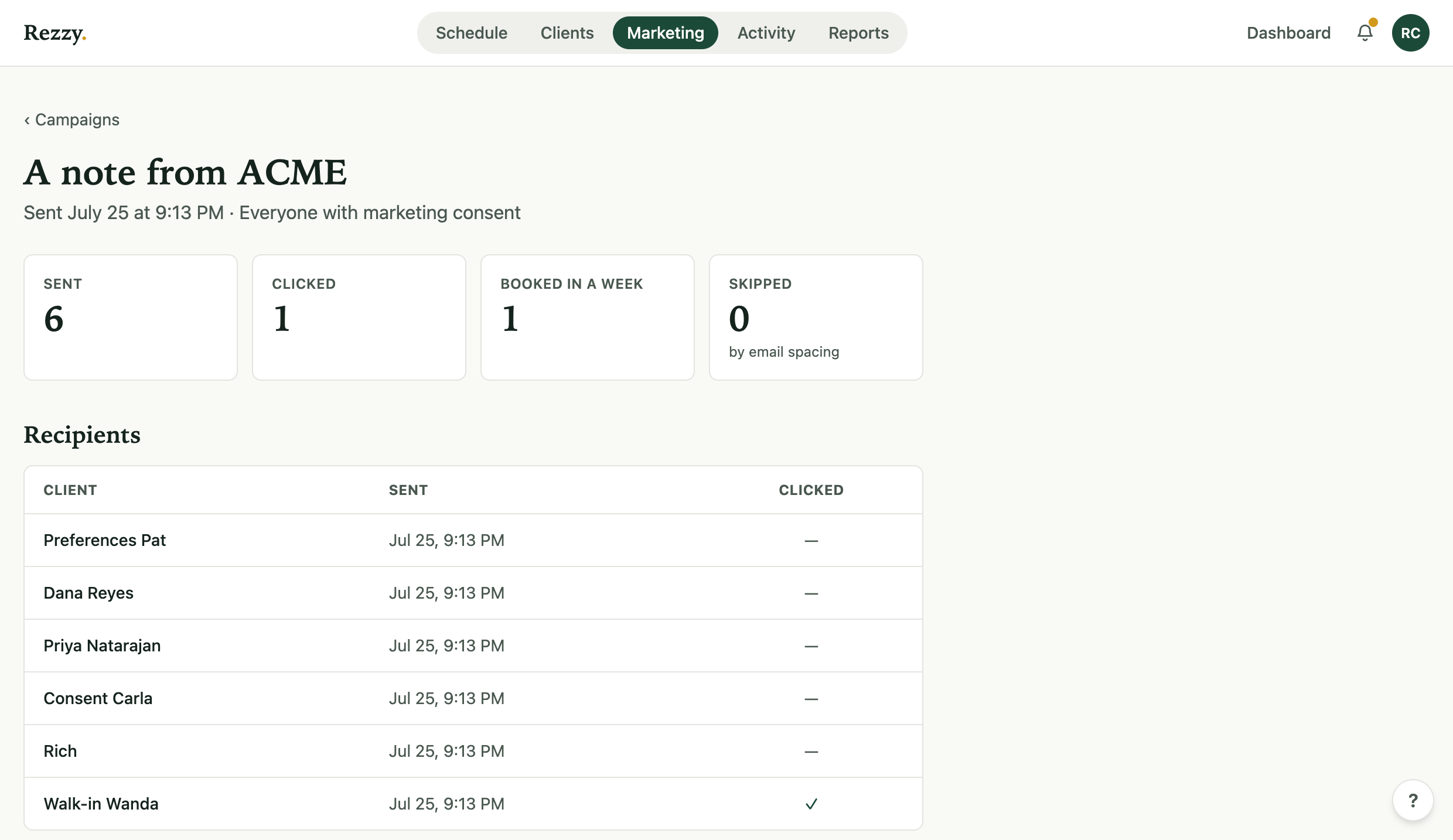 A sent campaign's results page with stats and the recipient list
