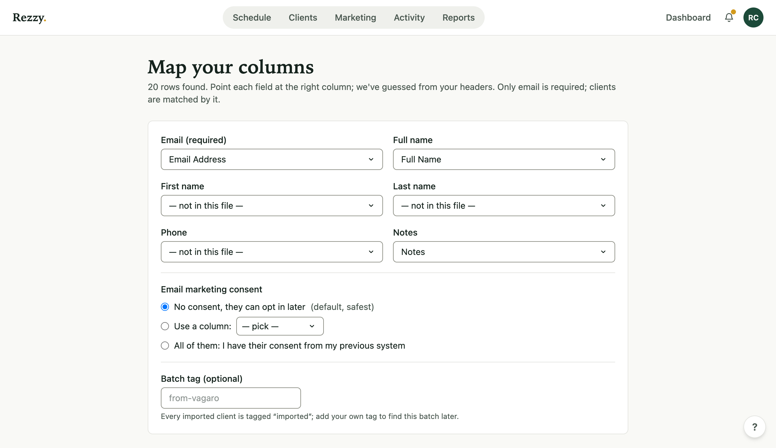 The column-mapping step of a client import
