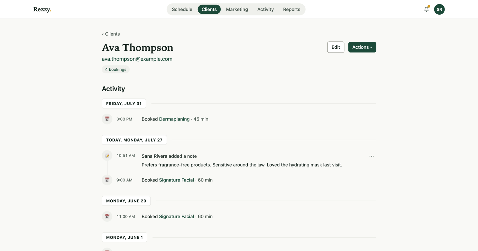 A client's timeline in Rezzy: every visit, note, and detail in one place