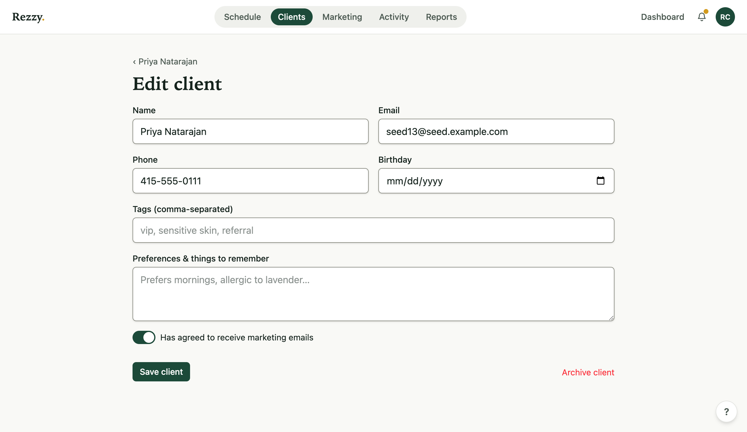 The consent switch on a client's profile