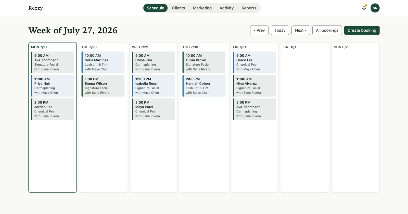 The Rezzy schedule: a week of appointments across the team, at a glance