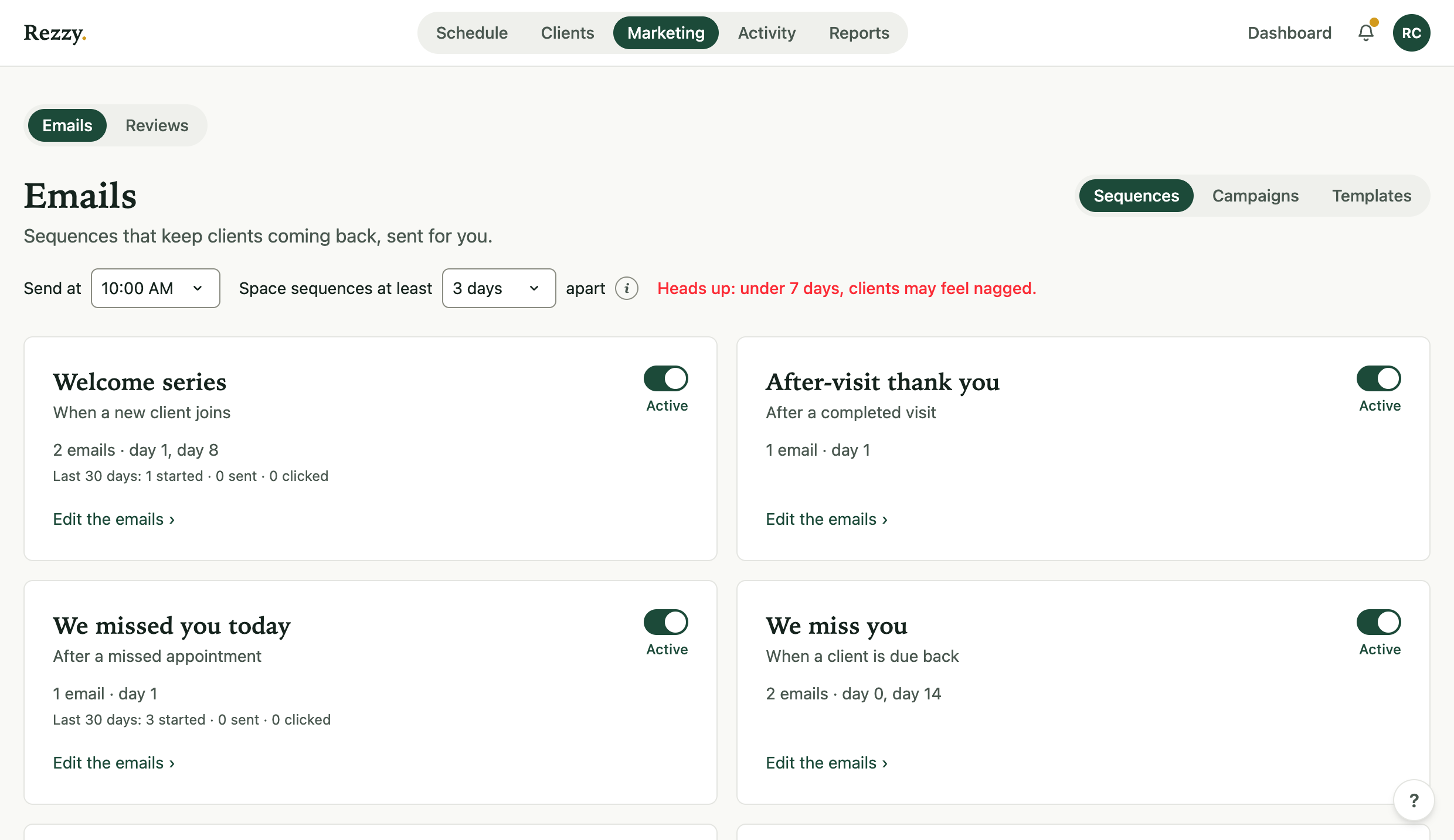 The Autopilot page with the ready-made emails and their switches