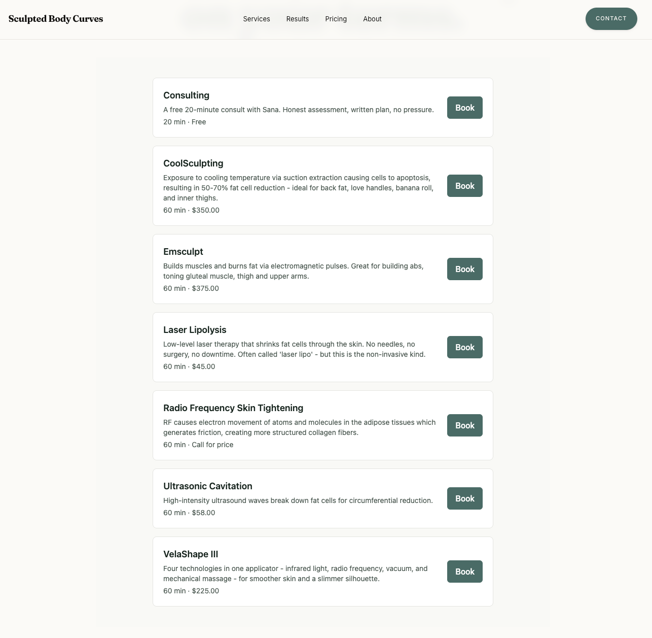 The Rezzy booking widget embedded on Sculpted Body Curves' own website