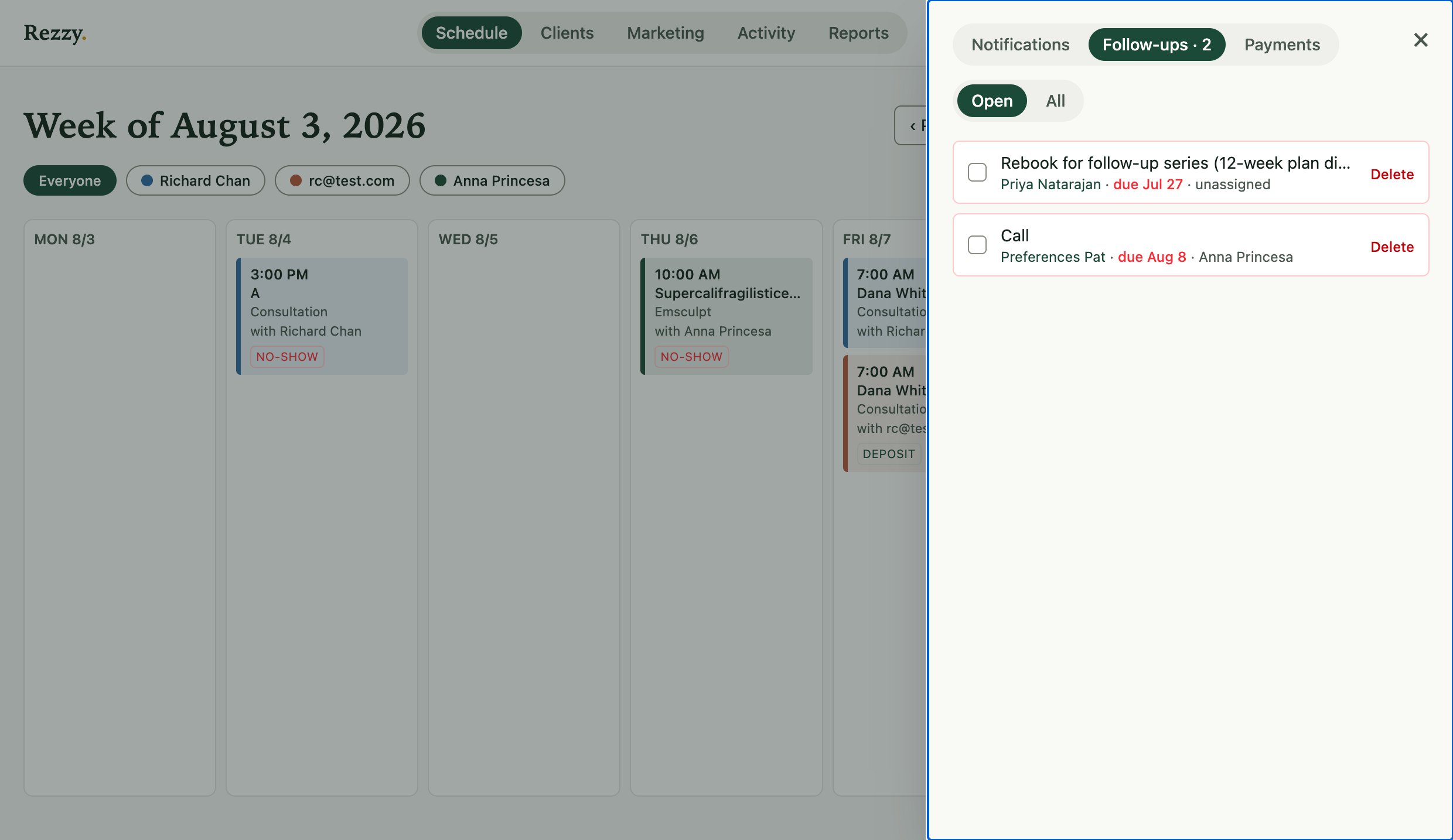 The Follow-ups tab with open tasks and due dates