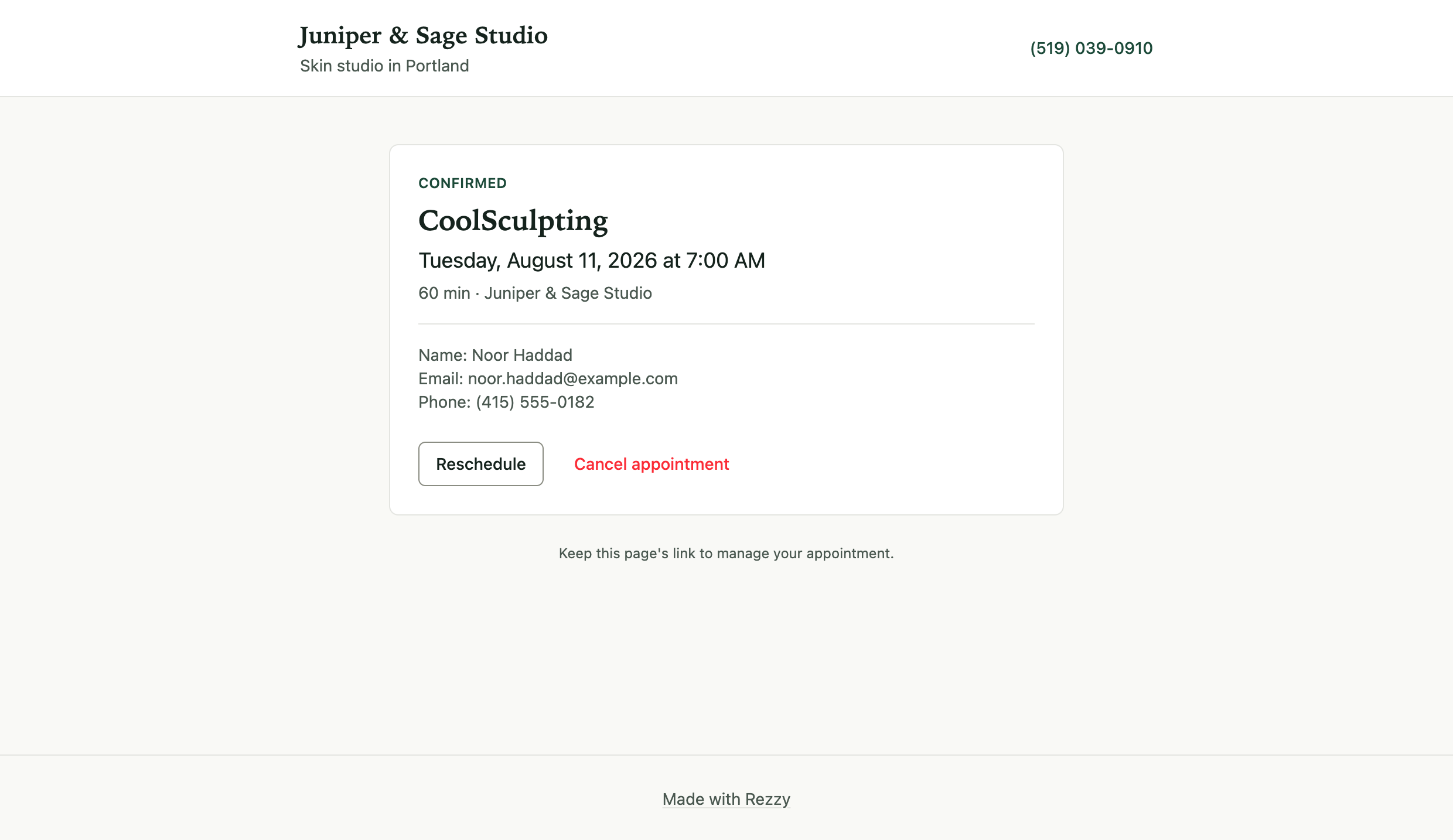 The client's manage-appointment page with reschedule and cancel