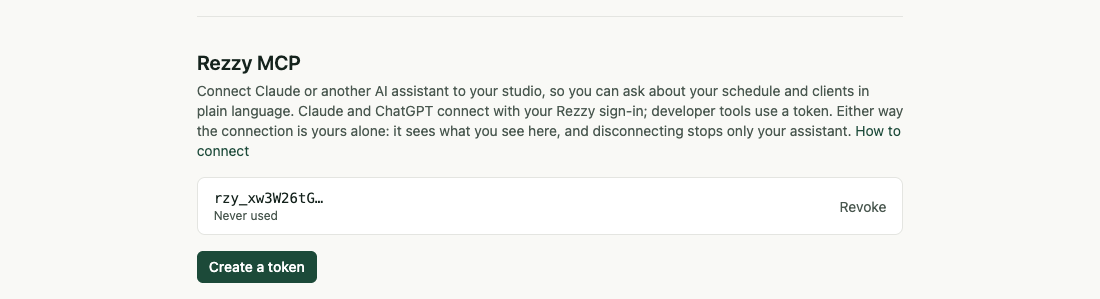 The Rezzy MCP section on the Profile tab, with a token and the Create button