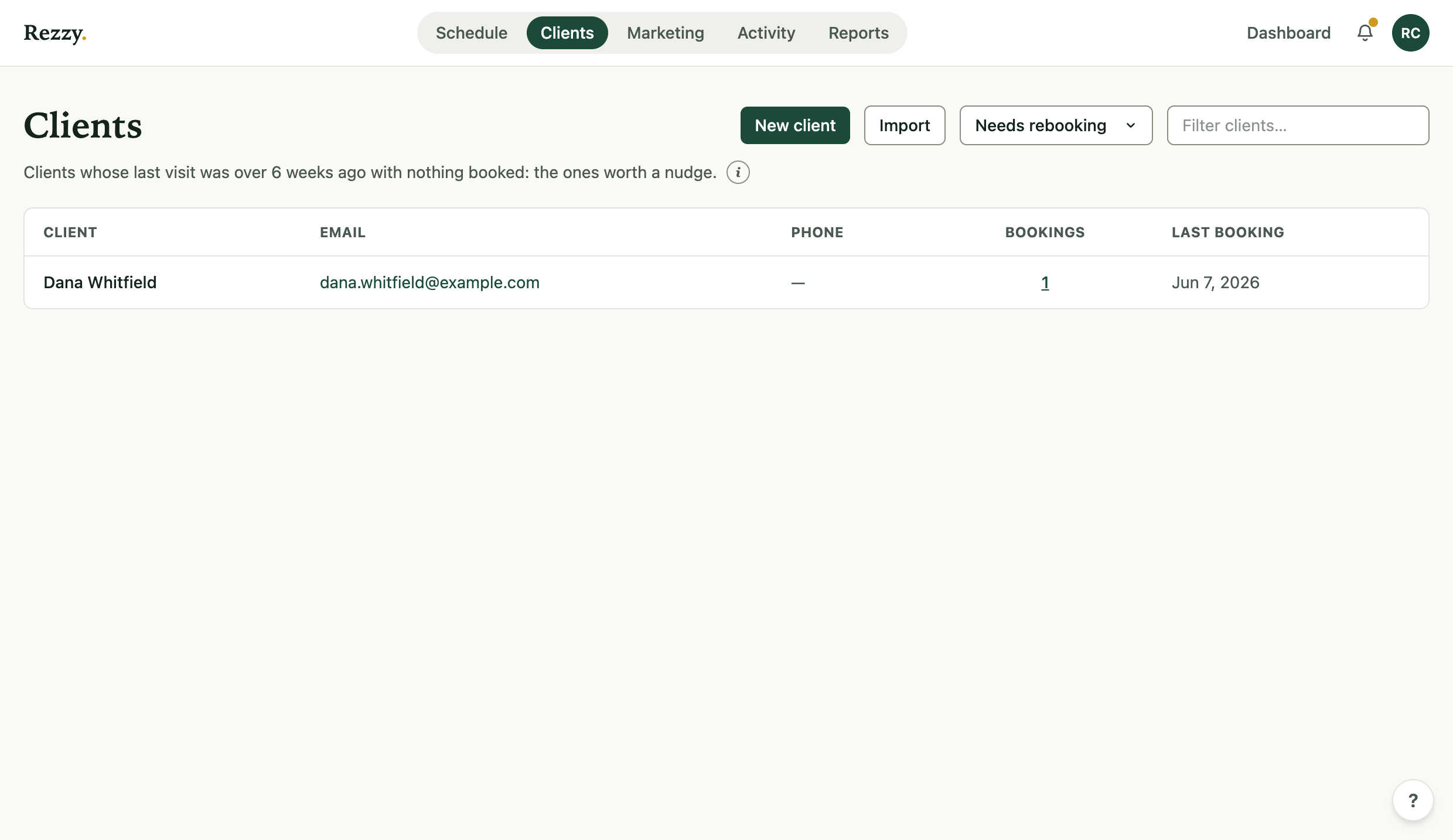 The Needs rebooking view listing an overdue client