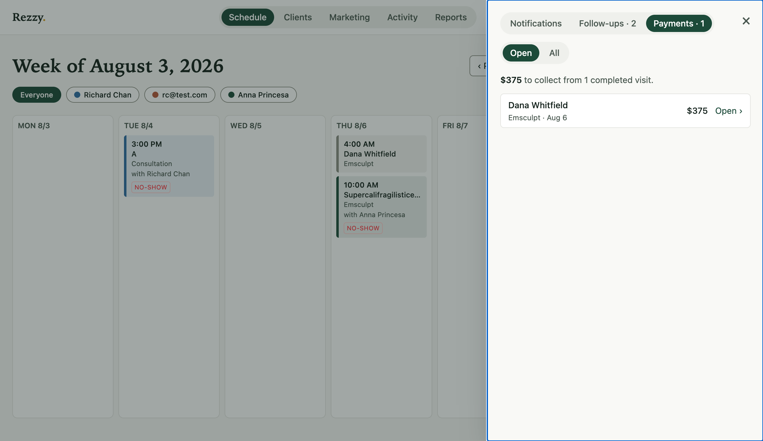 The Payments tab listing a completed visit with a balance owed