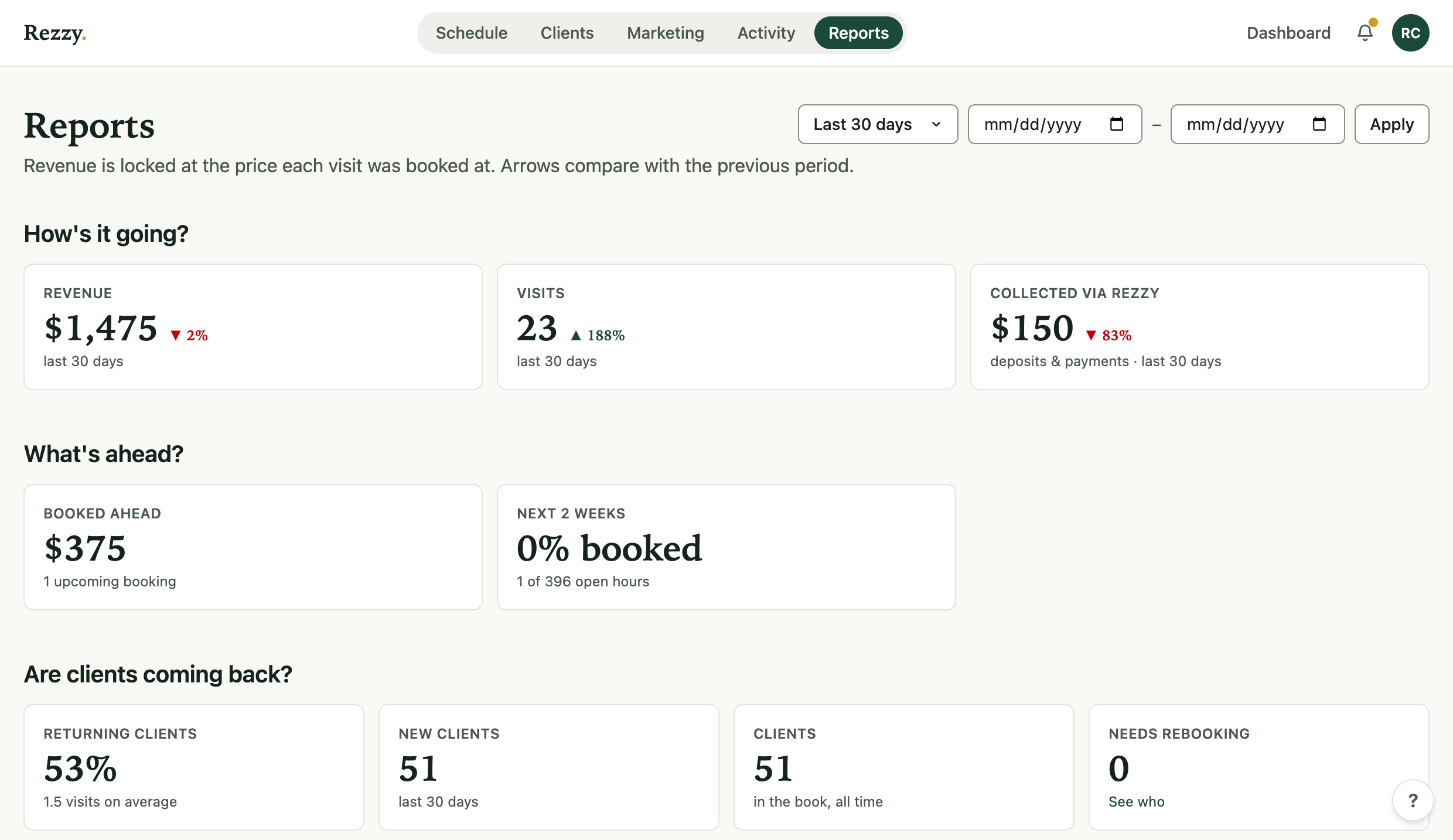 The Reports page: revenue, visits, collected, and what's ahead