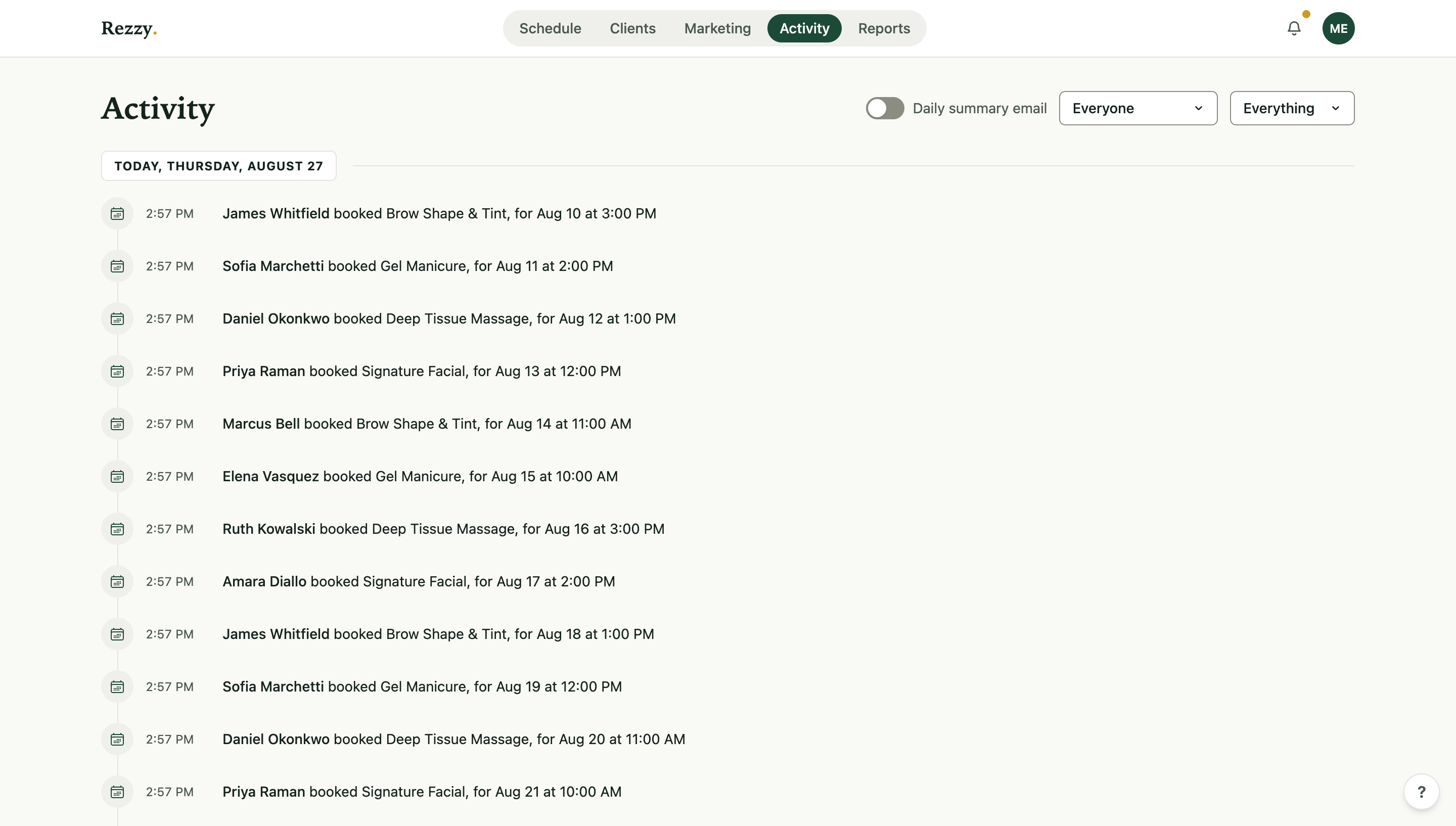 The Activity feed: every booking and note as it happens, newest first