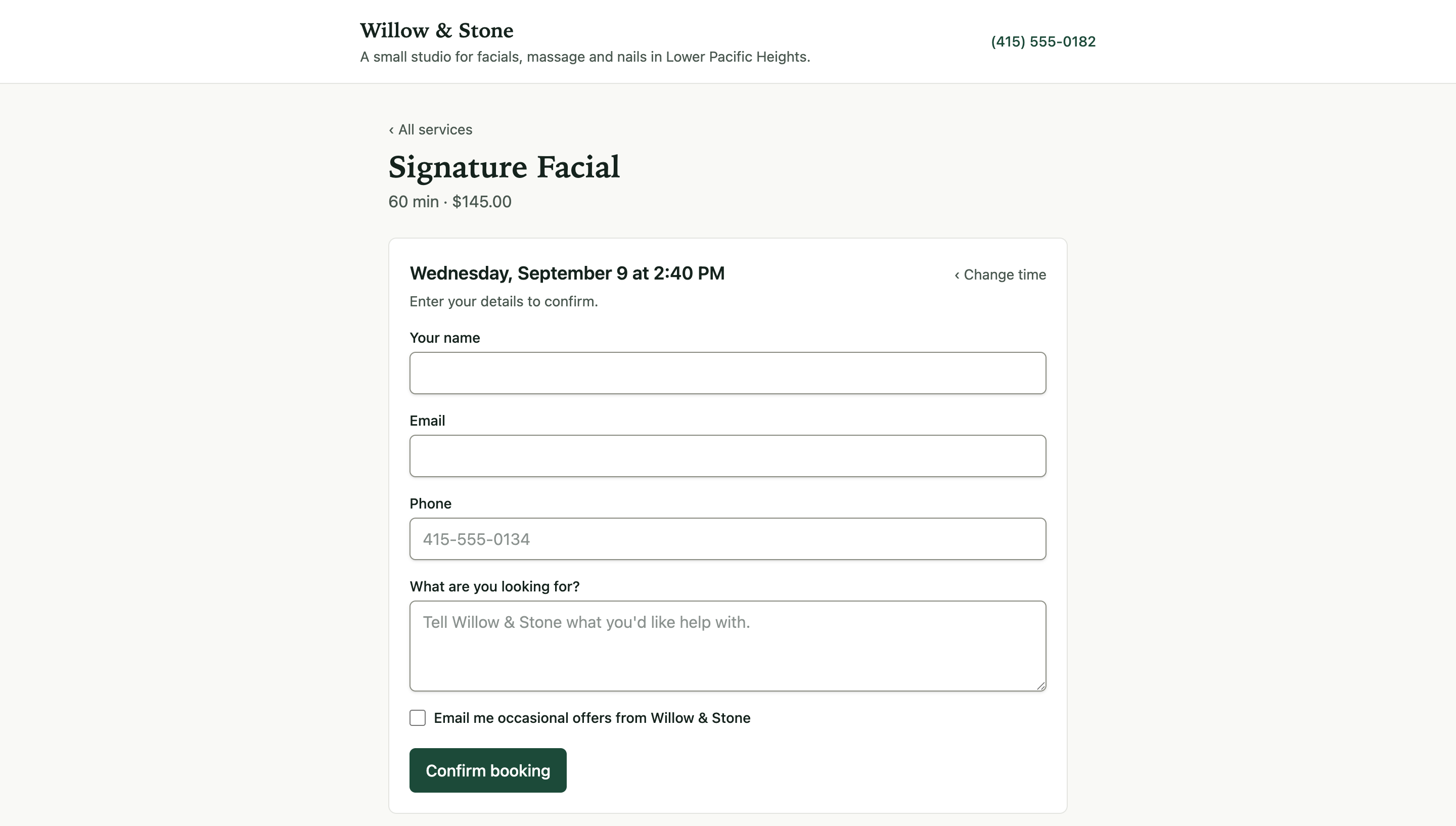 The last step of the booking page: the chosen time, and fields for name, email and phone