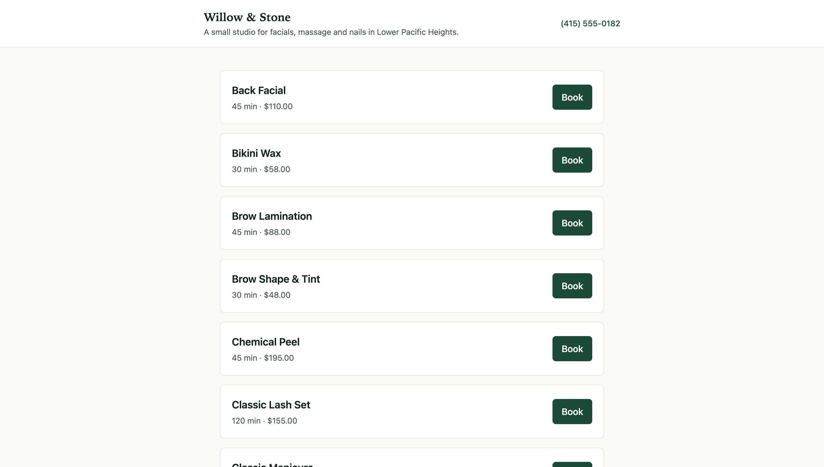 A studio booking page listing services with prices, durations, and a Book button on each