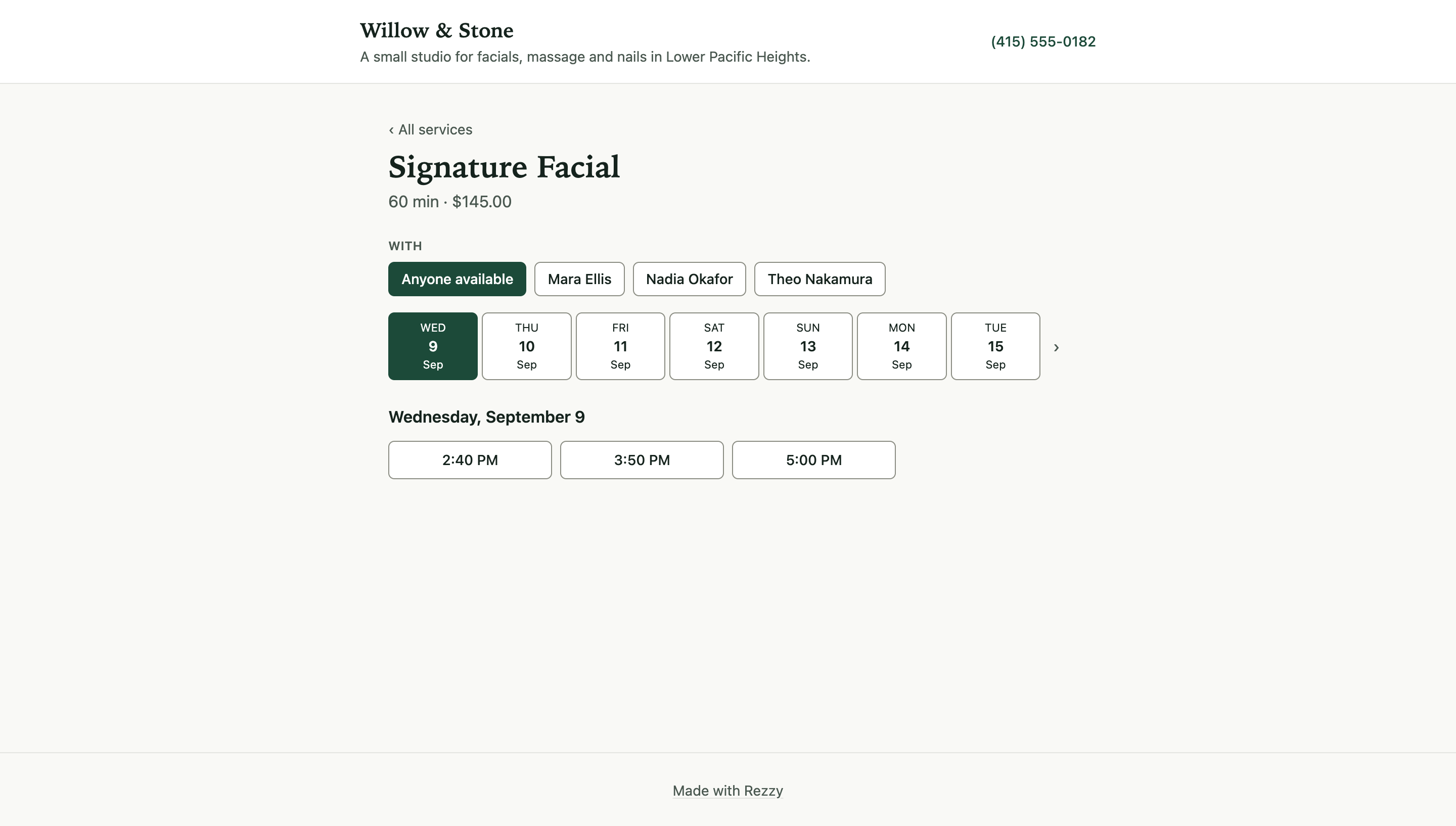 The booking page showing a chosen service, a row of dates, and the open times on the selected day