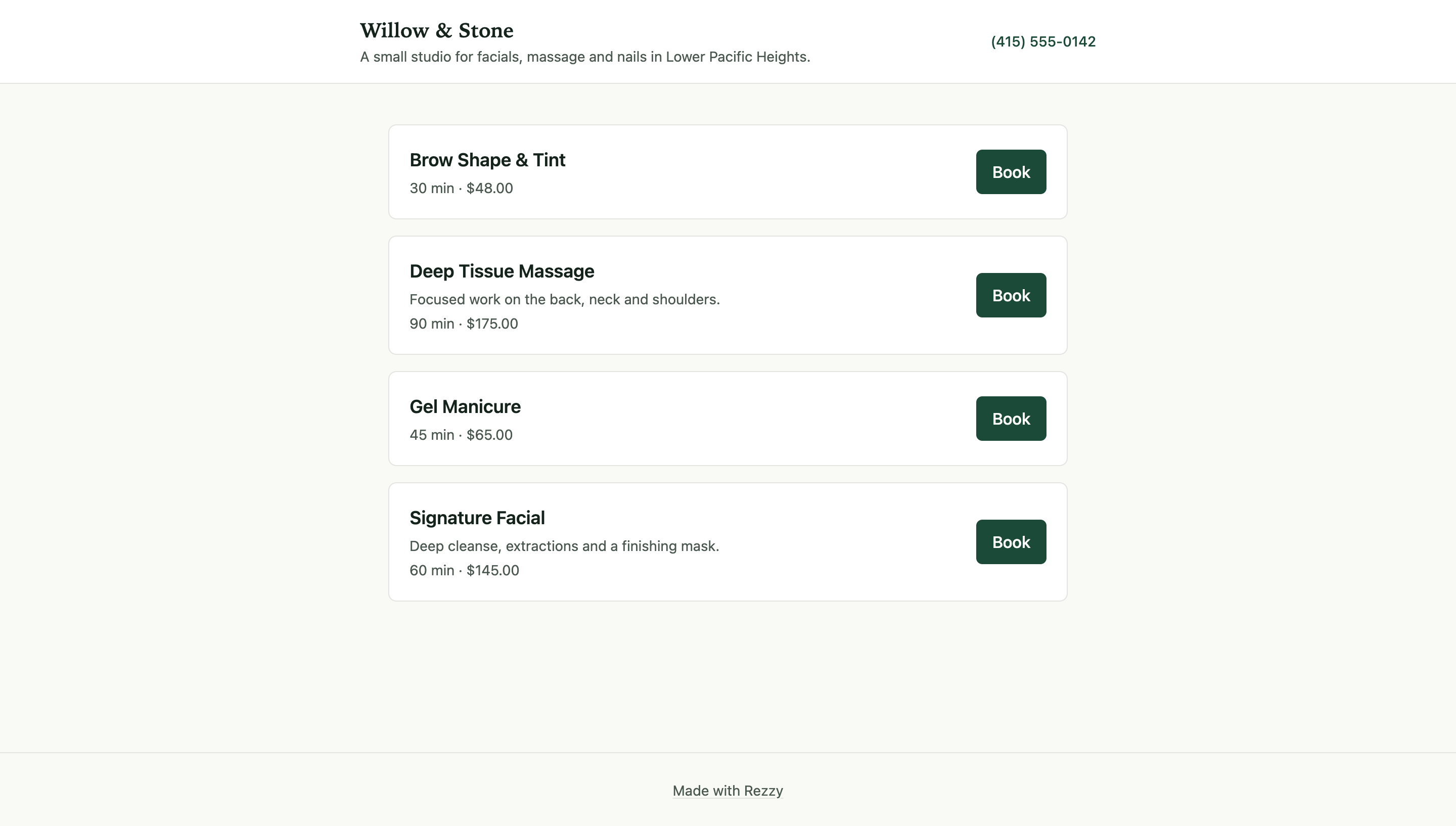 A studio's public booking page: services with prices and a Book button each