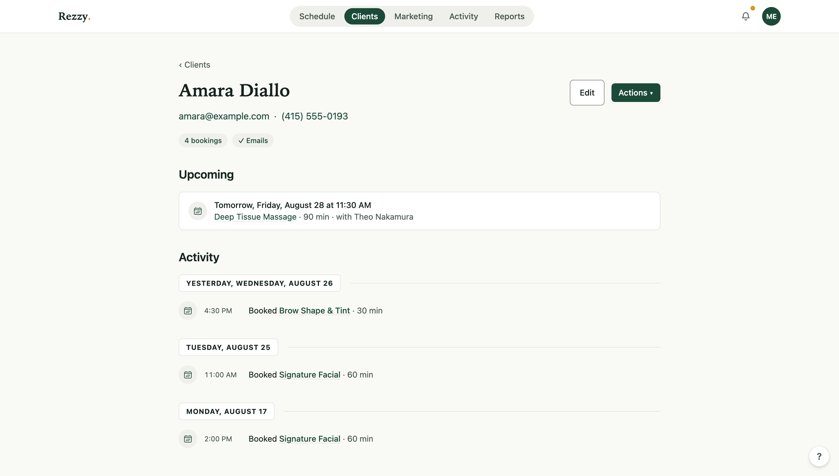 A client's page in Rezzy: upcoming visit at the top, every past visit and note filed on one timeline