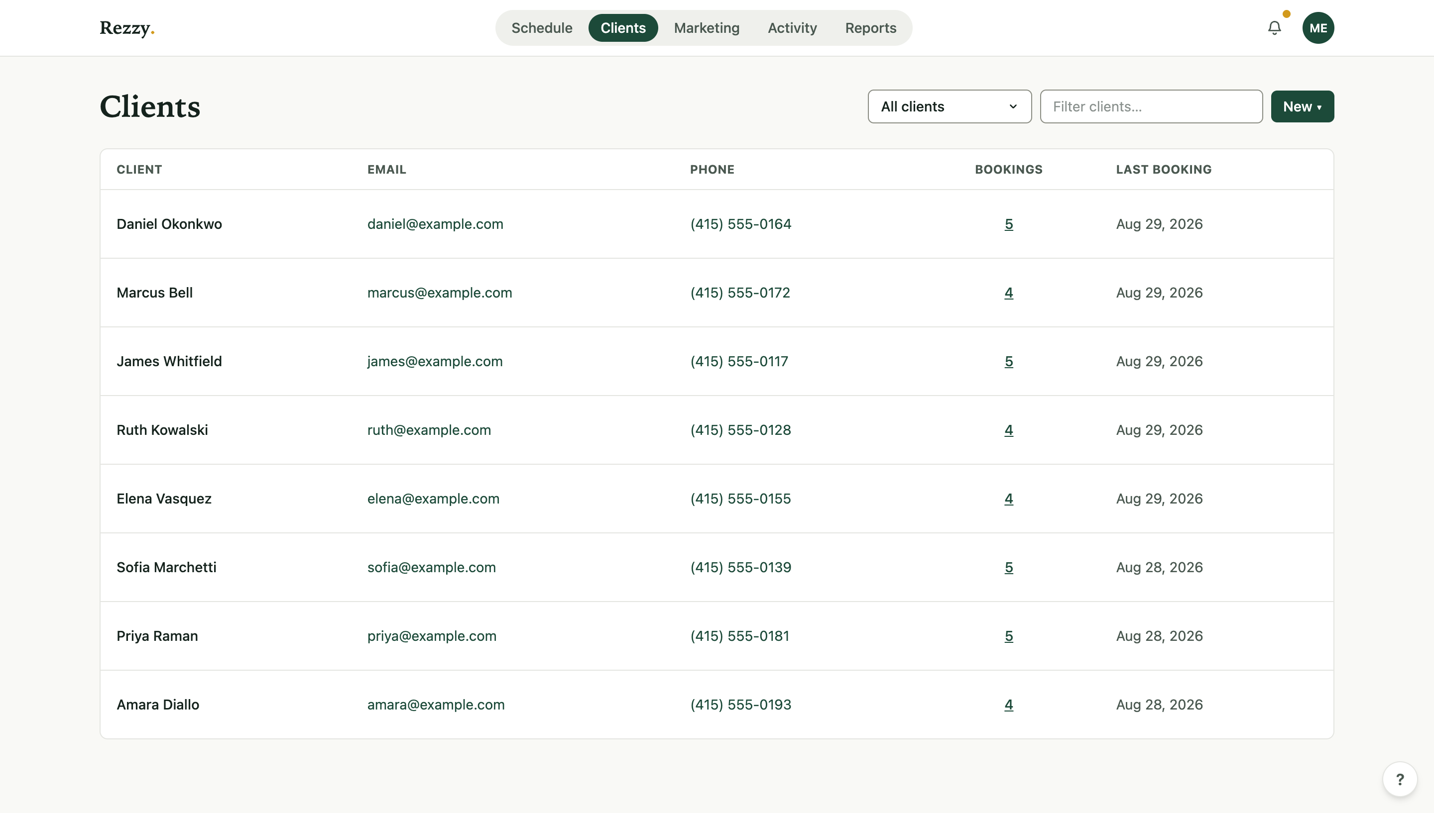 The client book: every client with their visit count and last visit