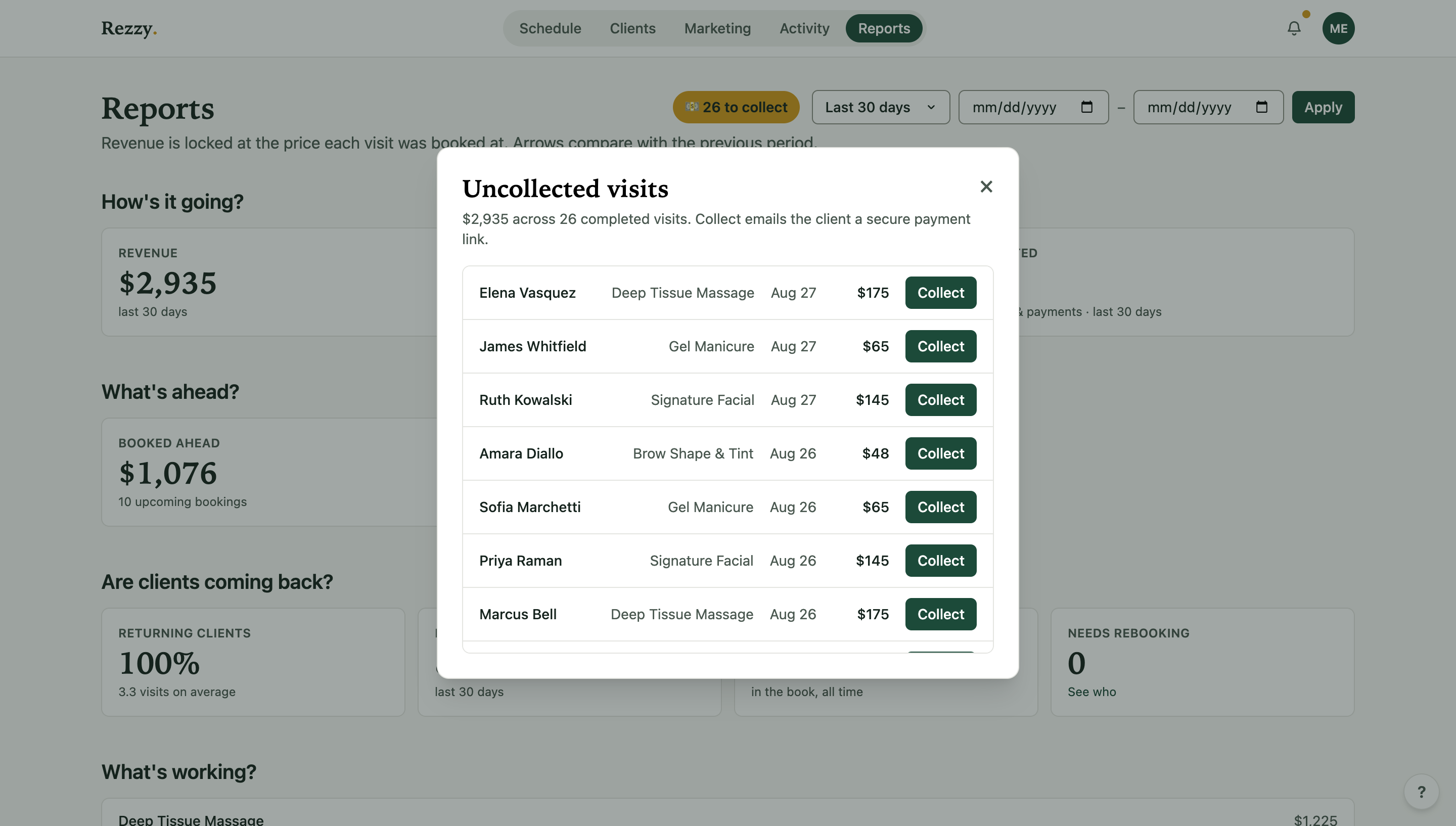 The Uncollected visits list on Reports: owed visits with a Collect button that emails a secure payment link