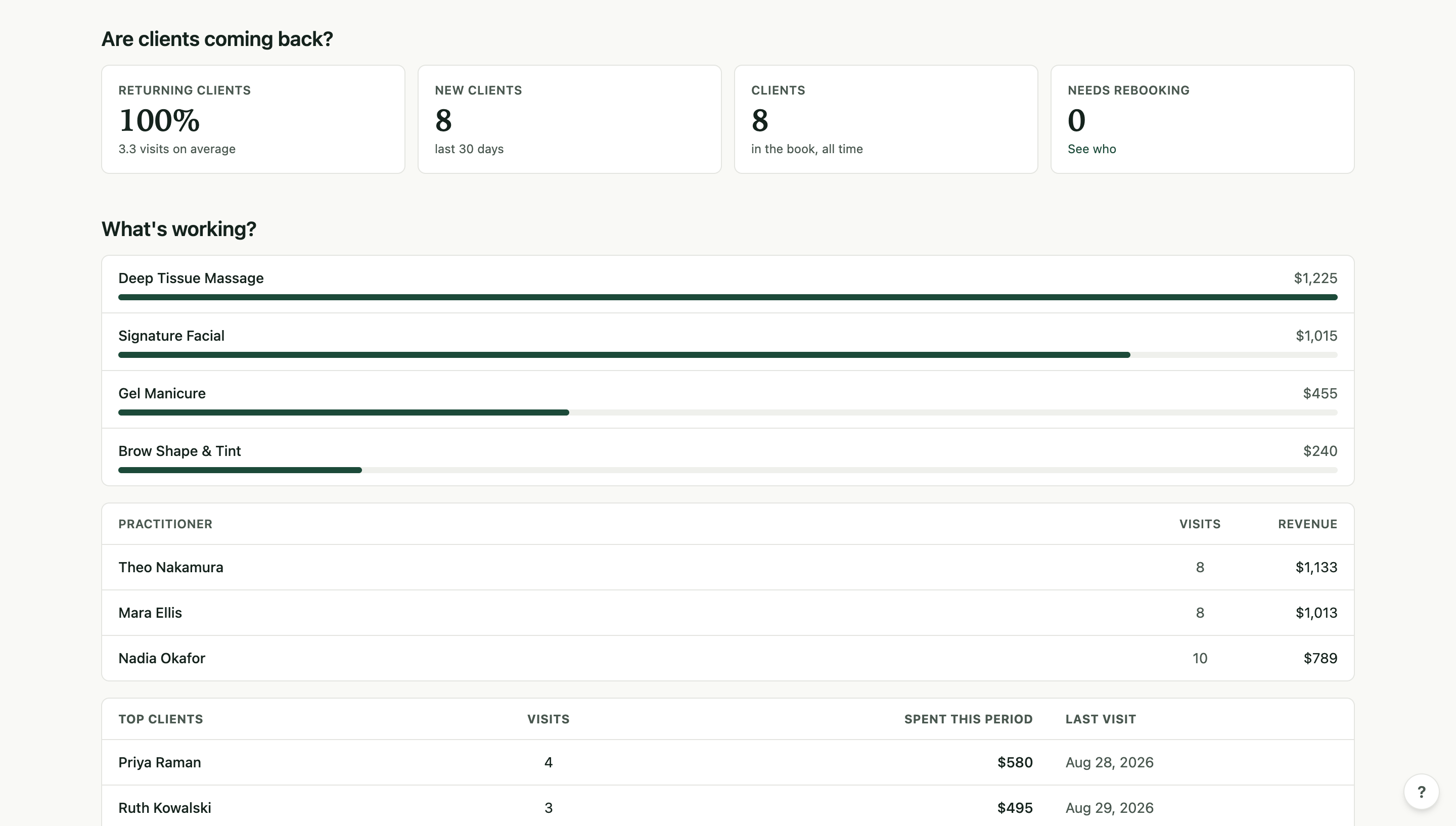 Reports: returning-client rate, revenue by service, practitioner leaderboard