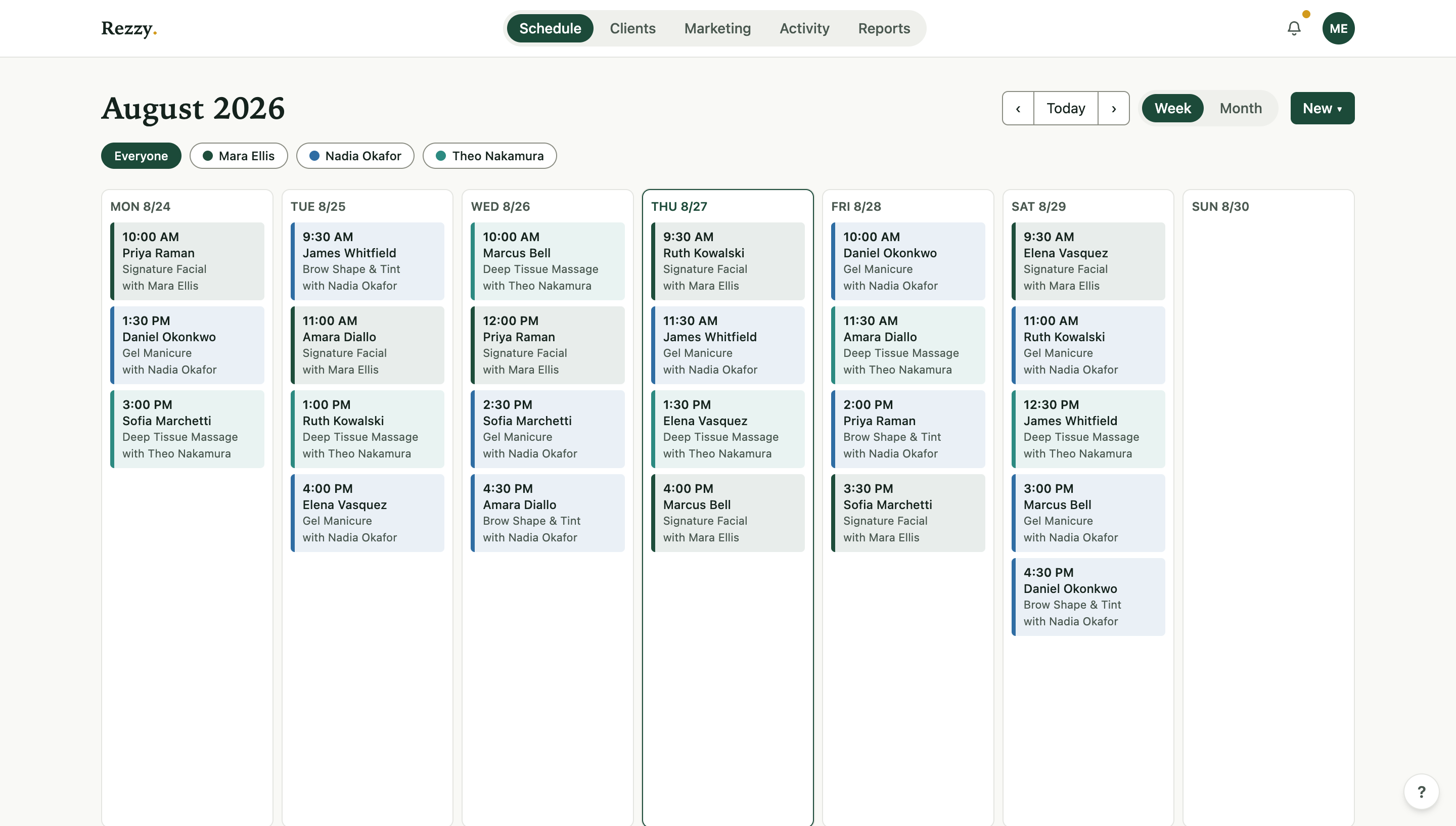 Rezzy's week schedule: a full week of colour-coded bookings across three practitioners