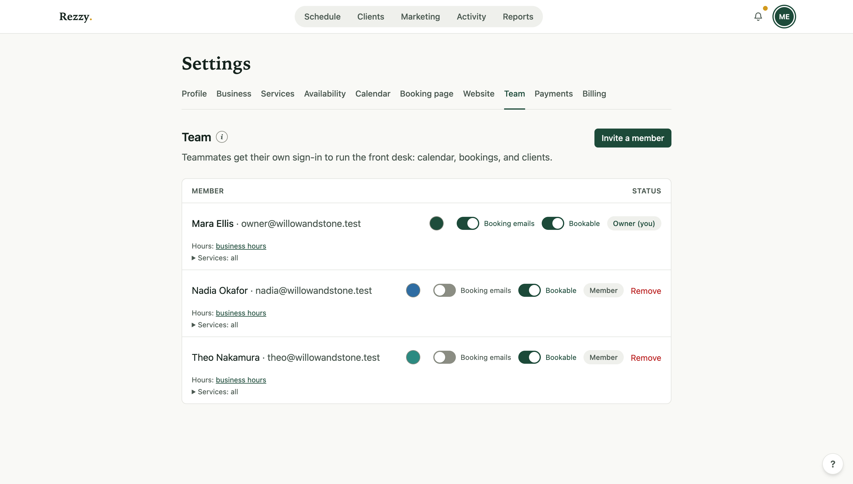 Rezzy's Team settings: three practitioners with their own sign-ins, bookable toggles, hours and services