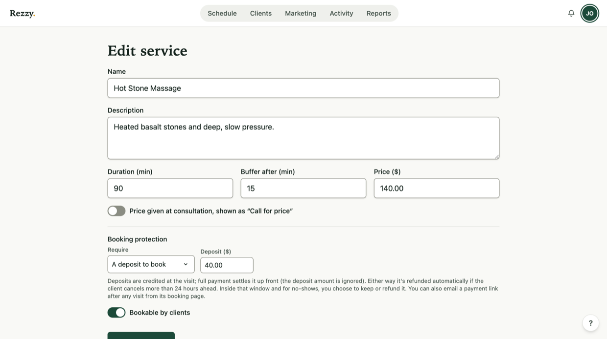 Deposit settings on a service