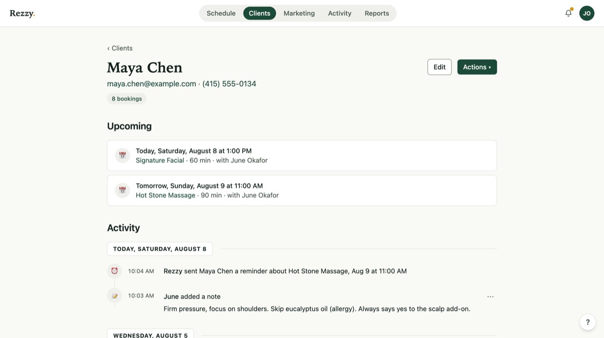 A client page in Rezzy showing Maya Chen's upcoming facial and massage, the reminder Rezzy sent, and a note about firm pressure and a eucalyptus allergy