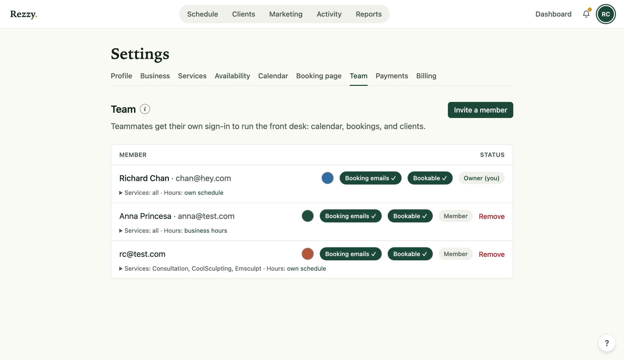 The Team settings page with members, their services, and hours